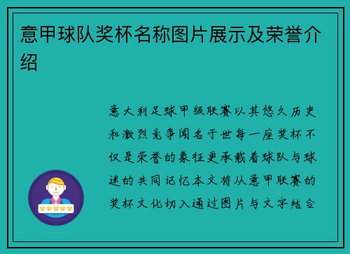 意甲球队奖杯名称图片展示及荣誉介绍